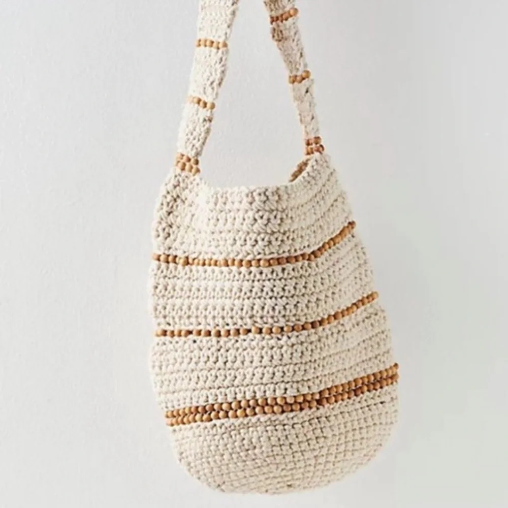 Free People Boho Meet Me Mallorca White Sand Handcrafted Cream Brown Crochet Bag